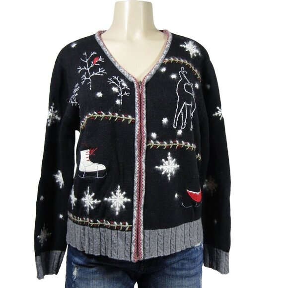 CHRISTMAS XMAS HOLIDAY SKATES REINDEER SNOWFLAKES WINTER SCENE SWEATER  ZIP L - Picture 1 of 12